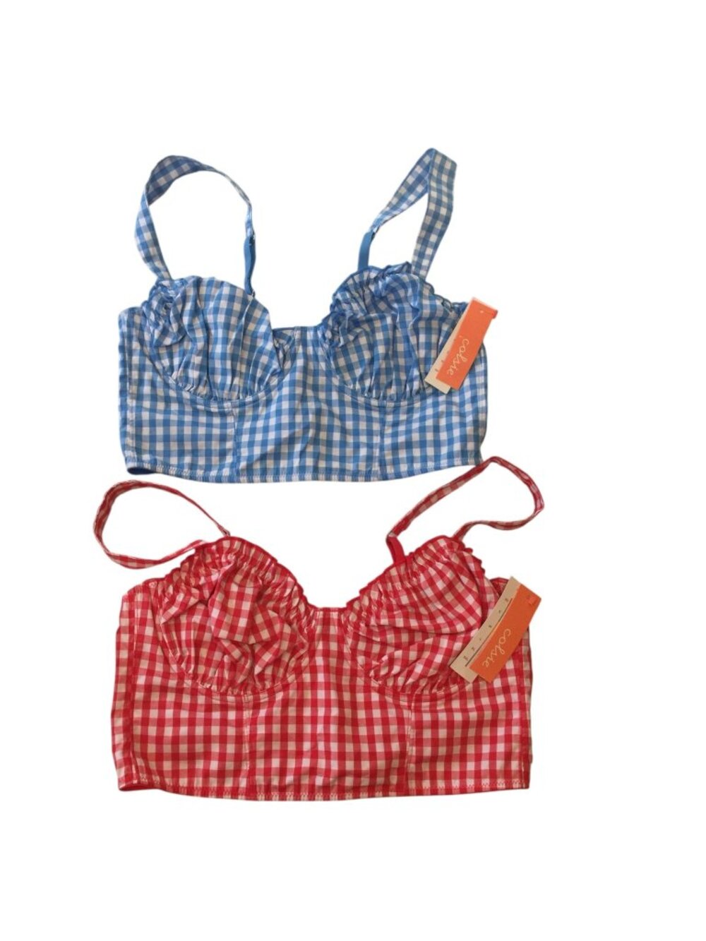 colsie Size Medium Gingham Checkerboard Ruffled Bralettes Blue Red White Set of